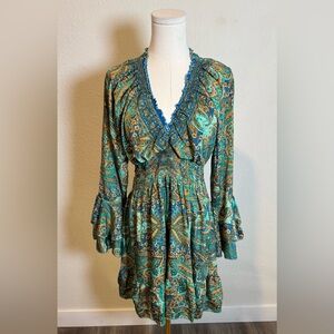 NWOT Karma Highway Green Paisley Boho Ruffle Mini Dress One Size